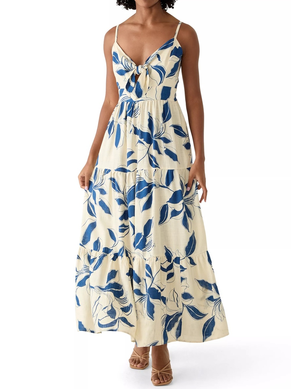 MSK Cream Maxi Dress with Blue Leaf Print and Front Tie Size Medium